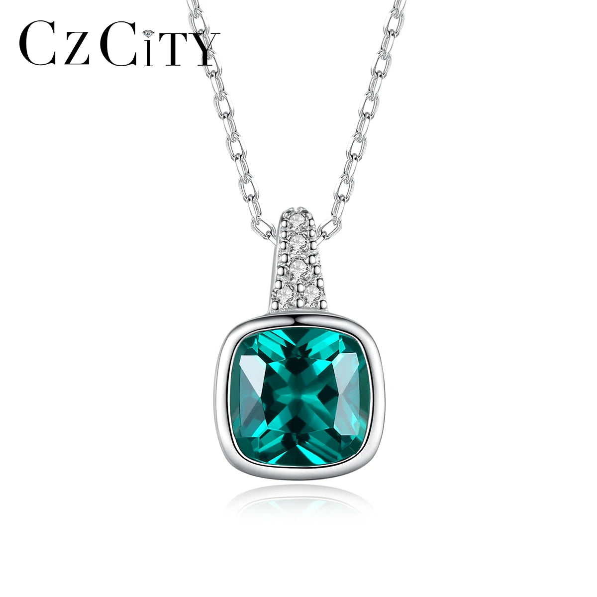CZCITY 925 Emerald Cushion Cut Zircon Pendant Necklace Sterling Silver Gemstone Jewelry for Women Engagement Gift