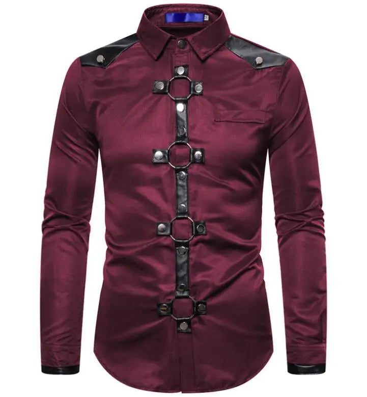 Men's Gothic Style Rivet Costumes Casual Long-sleeved Solid Color Shirt Fashion Slim Shirts