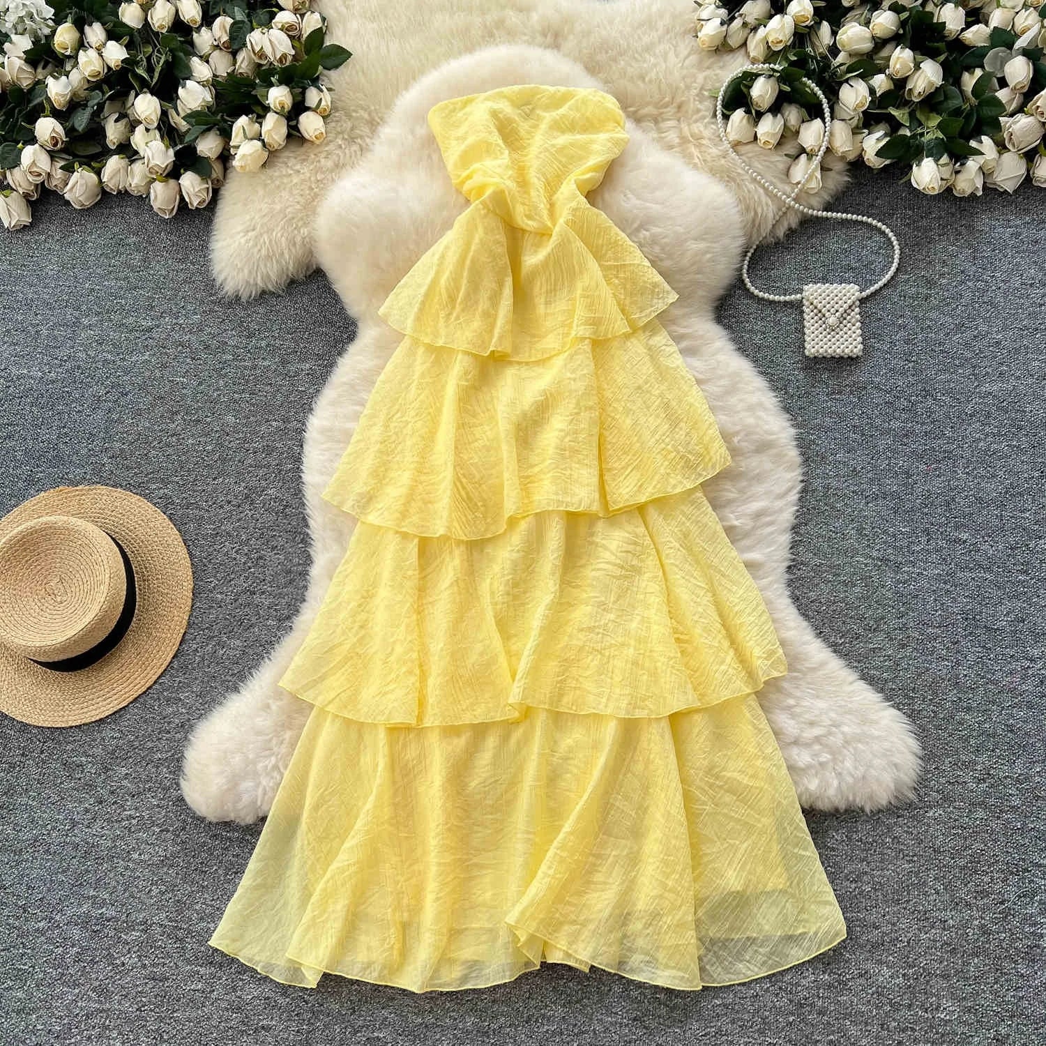 Ruffle Strapless Dress Wholesale Multi Layer Loose Dress Solid Color Long Dress