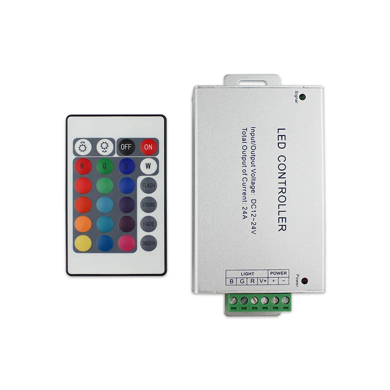 SXZM Smart Home RGB LED Strip Controller 6A RF 433.92MHz Wireless 24-Key Remote Aluminum Shell 12-24V Double PCB 360W Max Load