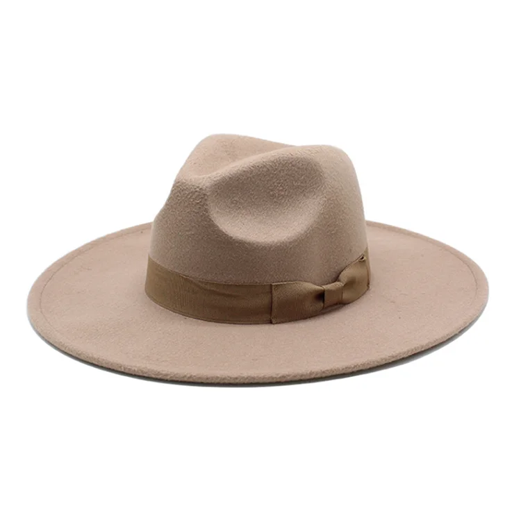 2026 New Arrival Women Fashion Elegant Jazz Fedora Wide Brim Bowler Hat Simulated Wool Solid Color Neutral Gentleman Bow Tie Hat