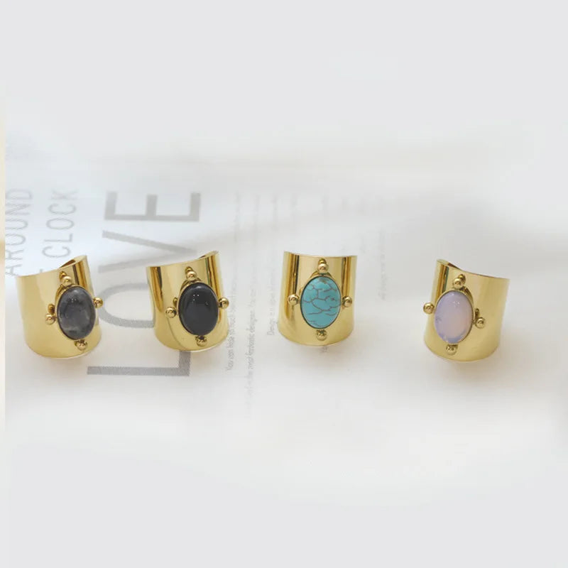 Nabest Tarnish Free Stainless Steel Width Gemstone Ring Jewelry Women 18K Gold Plated Vintage Open Stone Rings