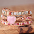 Romantic Rose Quartz Heart Leather Wrap Bracelets Pink 3 Strands Cuff Bracelet Handmade Teengirl Jewelry Bijoux Droppshipping