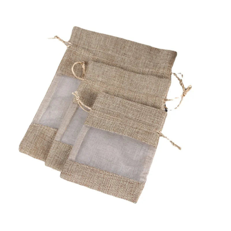 Promotional Hot Sale 10*14cm Linen Jute Pouch Window Clear Burlap Hemp Drawstring Gift Bag