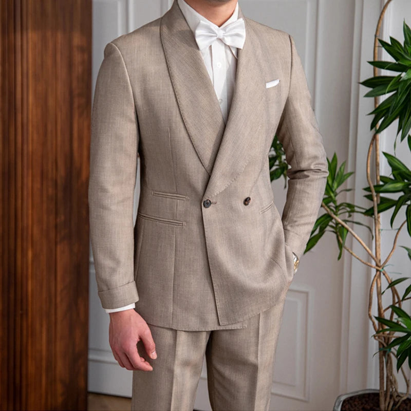 Fashion City Olive Collar Light Coffee Men's Double-breasted Suit Two-piece Business Leisure Men's Suit