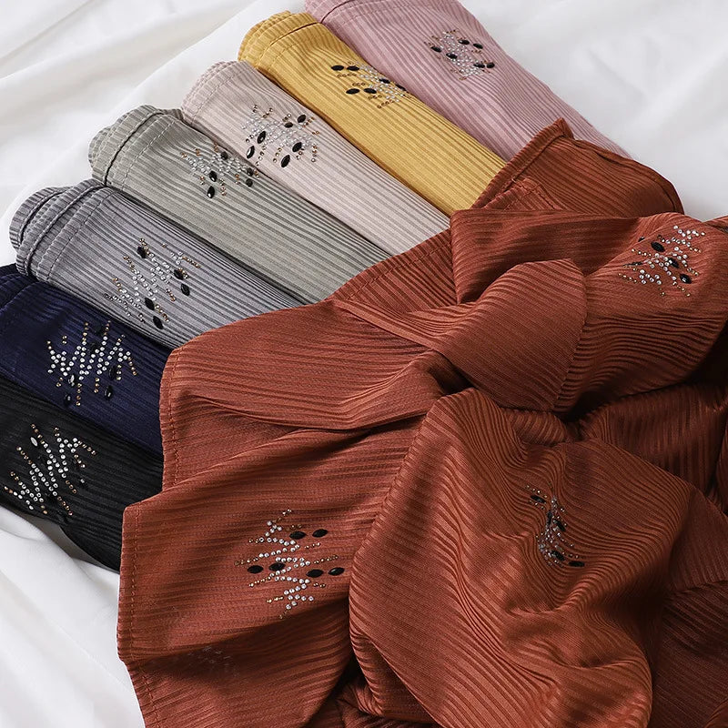Wholesale Premium Jersey Hijab 175*70 cm Muslim Crystal Rhinestone Jersey Hijabs Ribbed Jersey Knitted Hijab