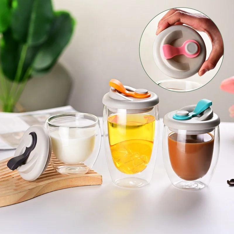 Reusable Travel Hand Blown Water Tea Tumbler Portable Double Wall High Borosilicate Insulated Glass Coffee Mug With Silicone Lid