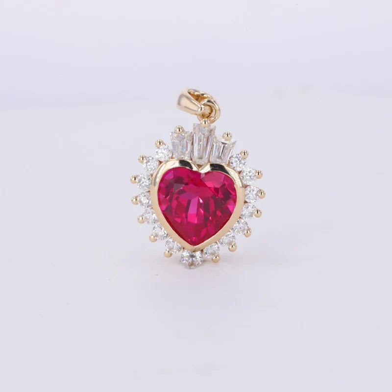 9K Solid Yellow Gold Heart Shape Lab Ruby Gemstone Pendant With DEF Moissanite Necklace Pendant