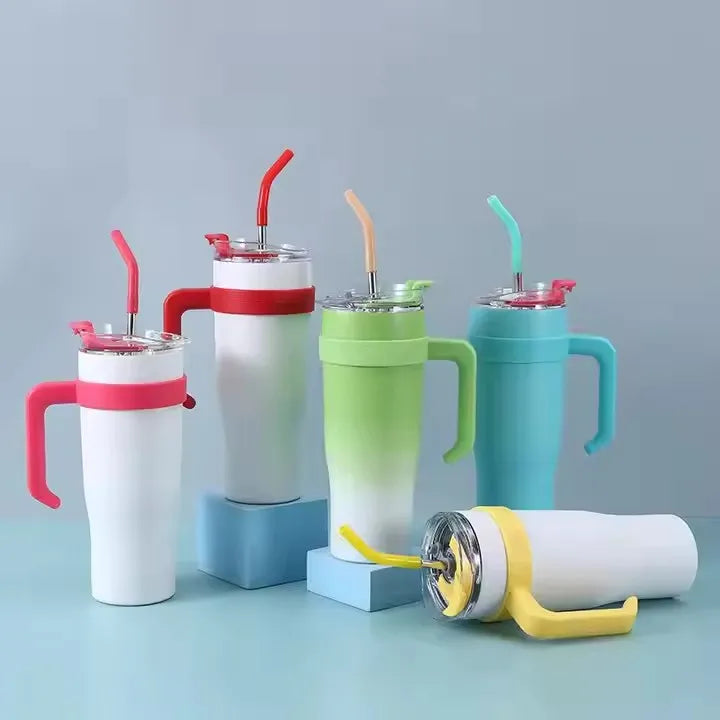 40oz  Double Wall Stainless Steel Tumbler Outdoor Travel Mug With Handle and Straw