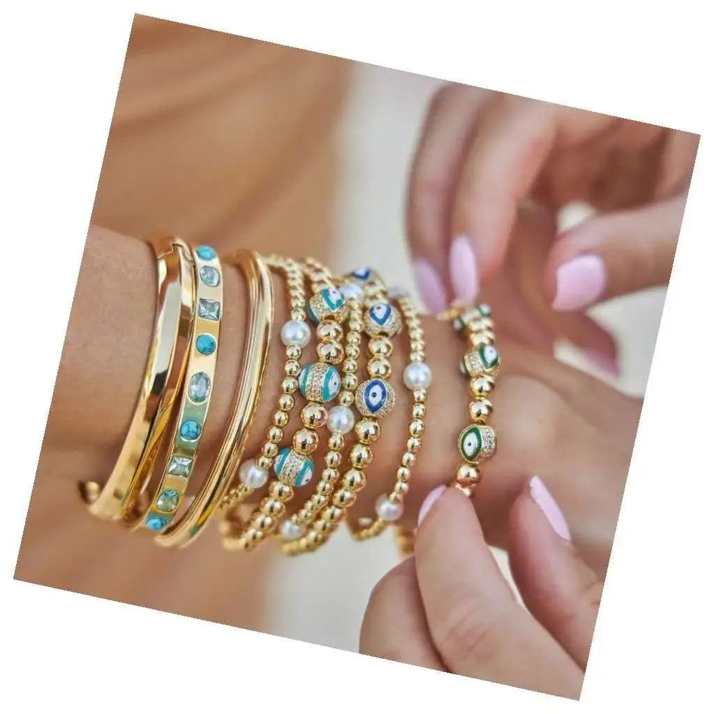 18K Gold Plated Brass Ball Beaded Bracelet with Colorful Enamel Evil Eyes Round Stretch Bracelet for Weddings