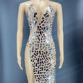 Female Singer Show Dresses Silver Mirrors Rhinestones Mesh Long Dress Birthday Celebrate Party Gown Dress