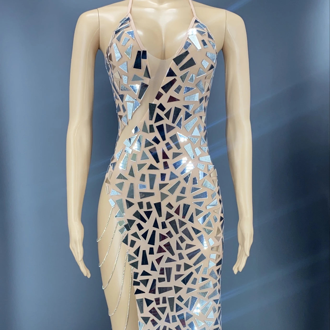 Female Singer Show Dresses Silver Mirrors Rhinestones Mesh Long Dress Birthday Celebrate Party Gown Dress