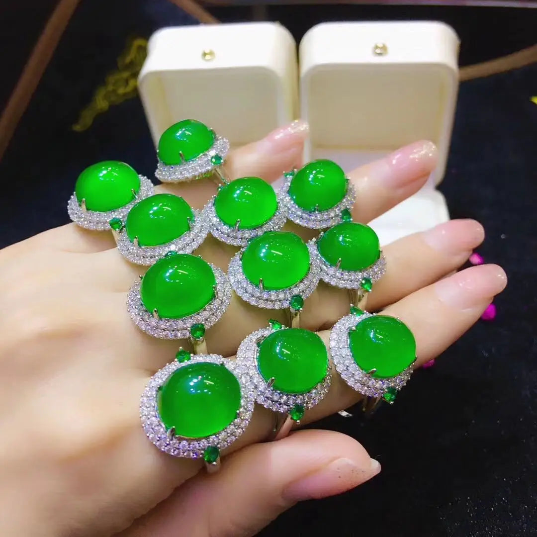 Wholesale Natural Green Chalcedony Ring Sliver Inlaid Shiny Rhinestone Crystal Jade Ring for Women Gifts