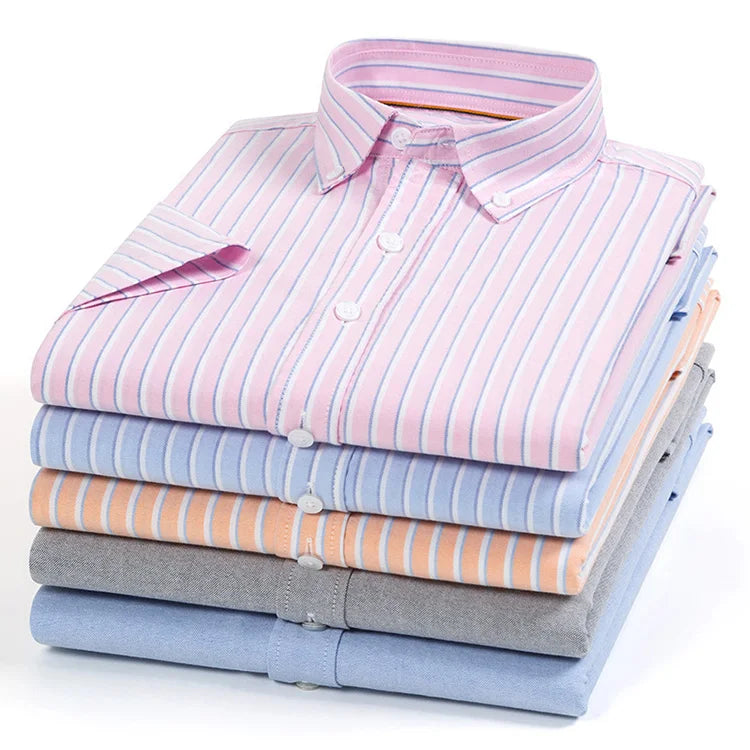 RNSHANGER Summer New Shirt Men's Pure Cotton Non Iron Short Sleeve Stripe Business Leisure Breathable Oxford Male Shirt