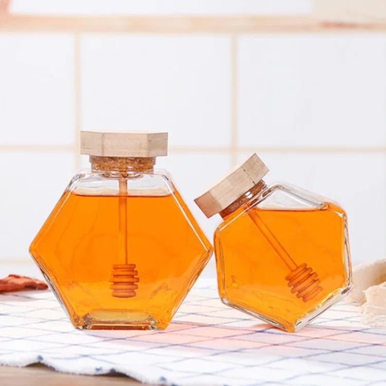 Newell 220ml/380ml Hexagon Glass Honey Jars with Wood Dipper Biodegradable Custom Logo & Gift Packaging