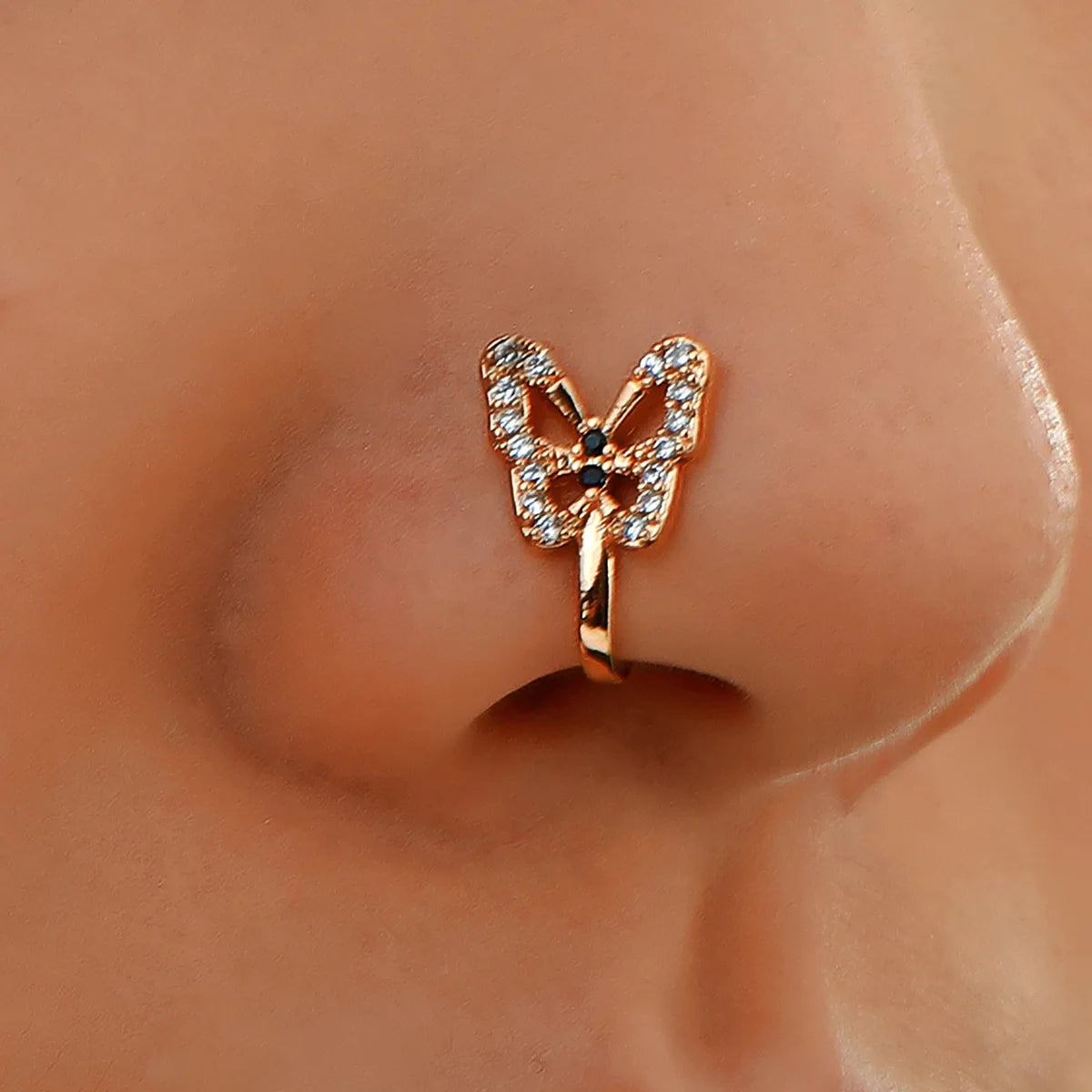 Indian Style Cuff Faux Nose Ring Diamond Gold Plated Clip Nose Rings Crystal Butterfly Fake Piercing Nose Rings for Women