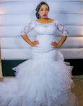 Guangzhou Auyan 2024 Long Sleeve Mid-waist Fishtail White Shoulder Lace Mid-sleeve Evening Gown