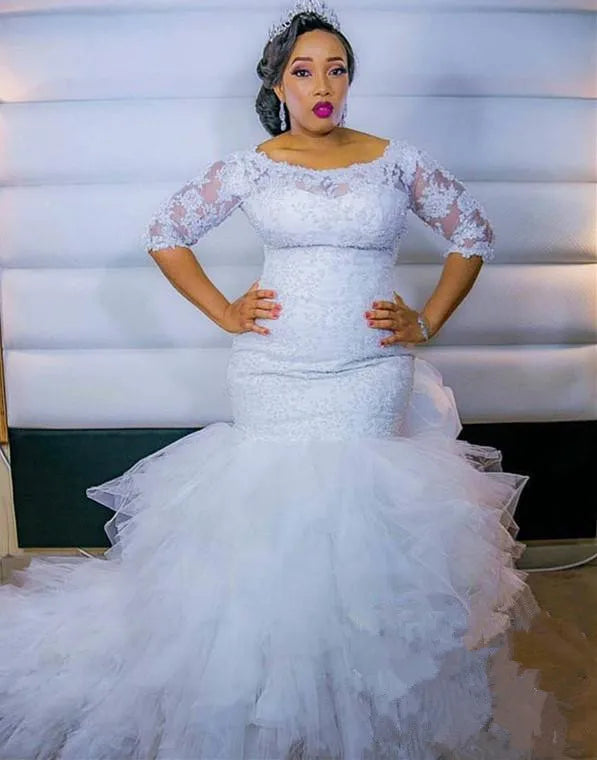 Guangzhou Auyan 2024 Long Sleeve Mid-waist Fishtail White Shoulder Lace Mid-sleeve Evening Gown