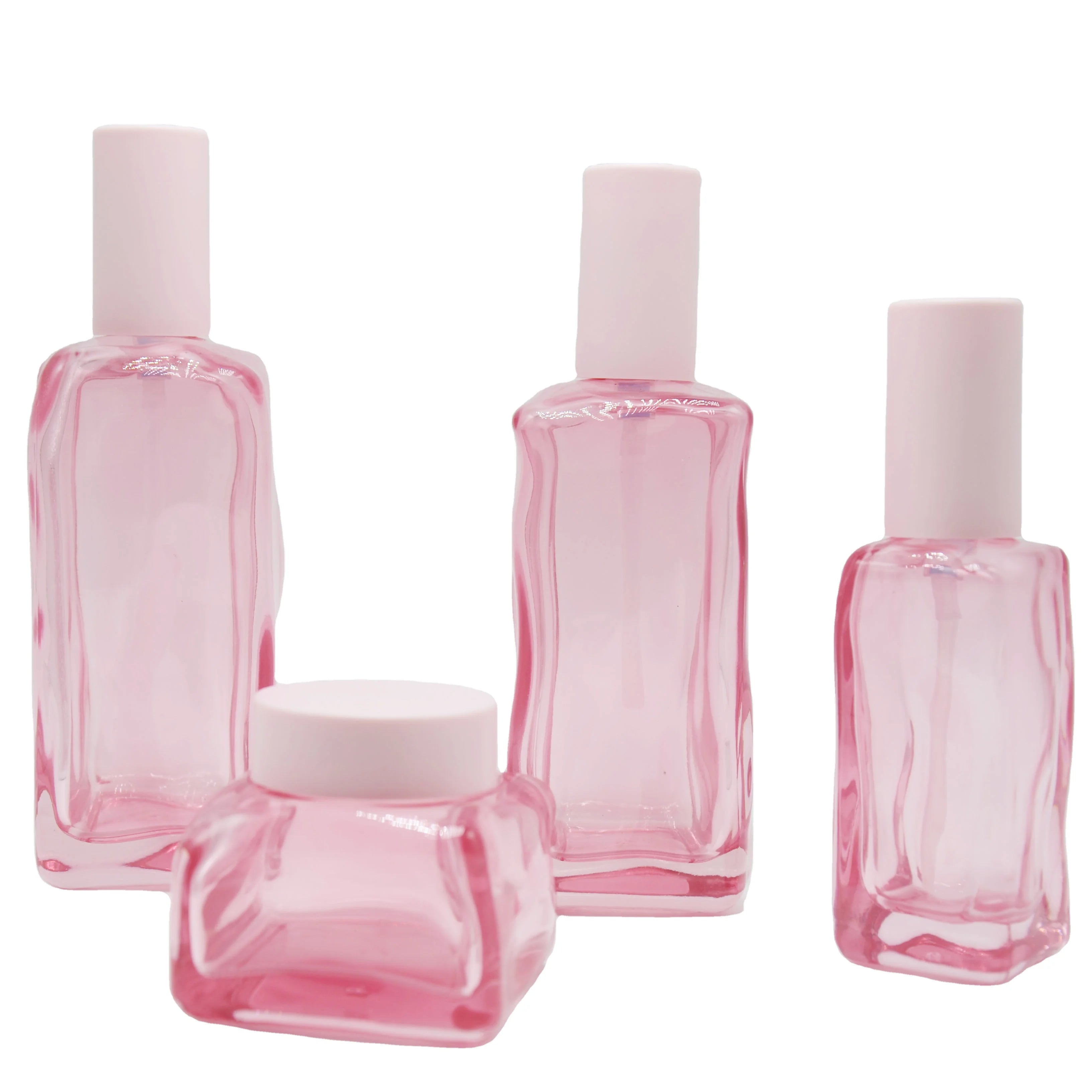 Luxury 100ml Pink Glass Bottle with Pump Empty Set for Face Cream Skin Care Cream Facial Cleanser and Skin Care Serum