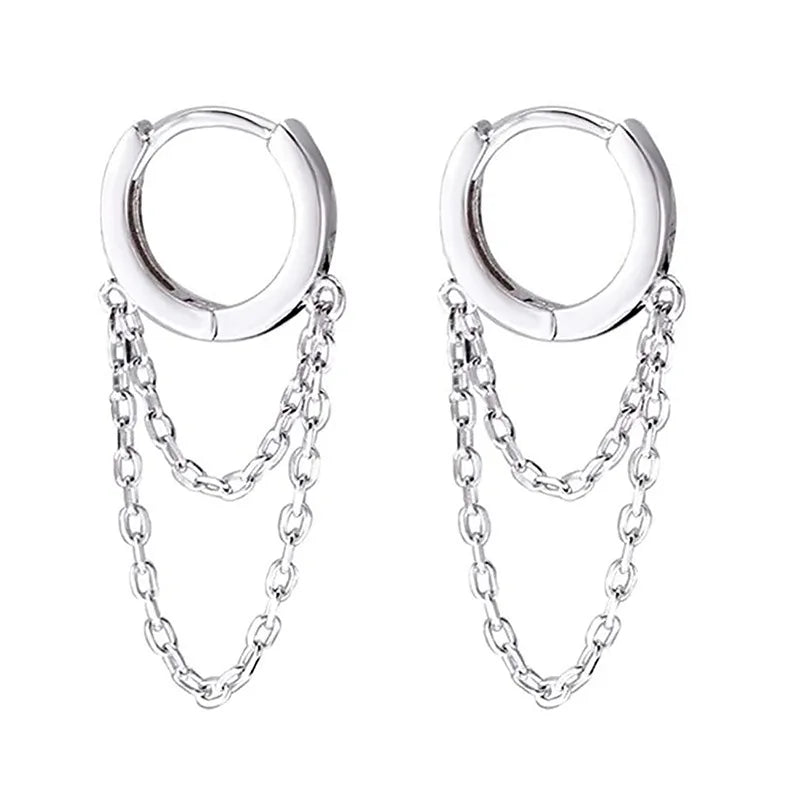 100% Real 925 Sterling Silver Geometric Tassel Chain Clip Earrings for Women Fine Jewelry Gifts