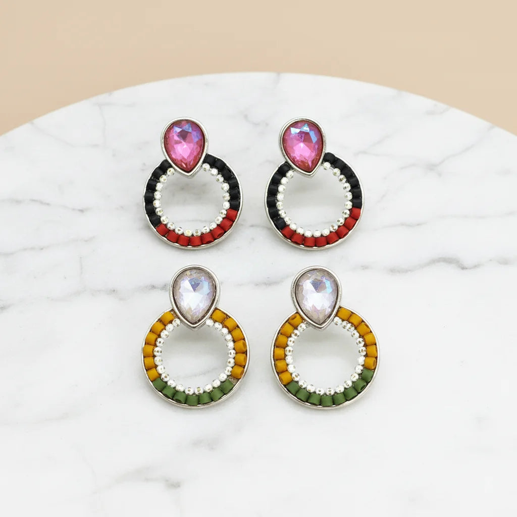 Ilona Bohemian Multicolor Seed Bead Hoop Earrings with Teardrop Crystal Trendy Handmade Copper Stud Earrings for Women