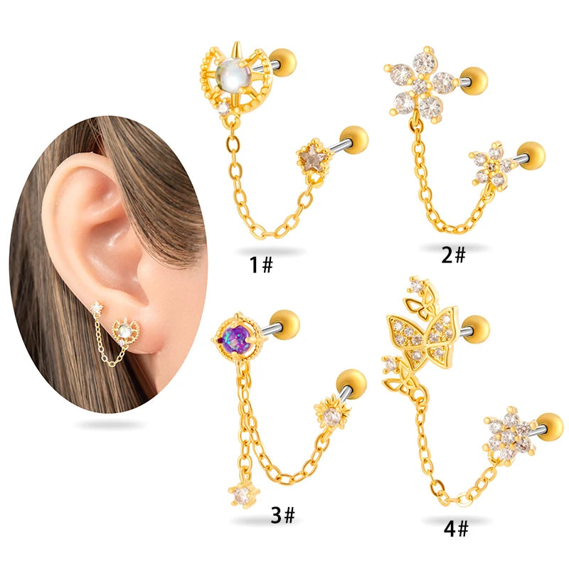Hengsen Gold Plated Jewelry Small and Smaller Petalled Leaf Flower Butterfly Linked Barbell Chain Double Stud Cartilage Piercing