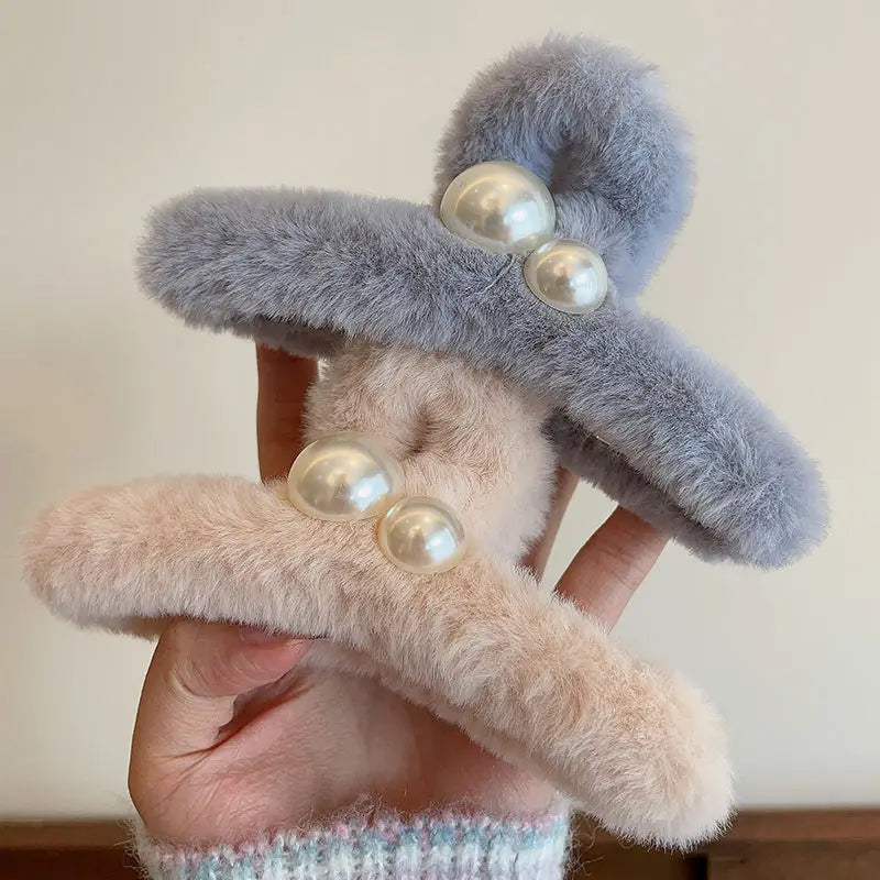 Large Soft Rabbit Fur Hair Grab Clips Plush Pearl Barrette Hair Grab Clip Elegant Claw Plush Furry Women Big Hair Claw
