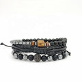 Multi Layer Mens Bracelet Combo Braided Cowhide Natural Matte Onyx Hematite Solid Wood Inlaid Crystal Ball Fathers Day Casual