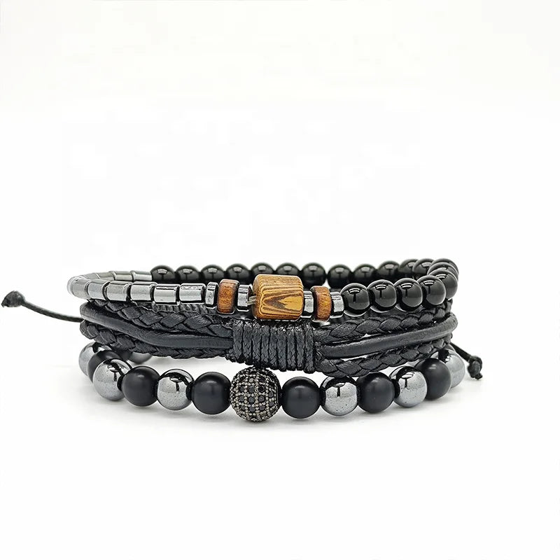 Multi Layer Mens Bracelet Combo Braided Cowhide Natural Matte Onyx Hematite Solid Wood Inlaid Crystal Ball Fathers Day Casual