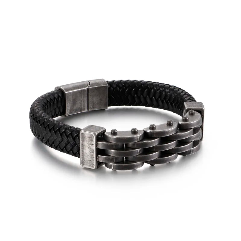 KALEN Bracciale Da Uomo in Pelle Nera Con Cinturino in Pelle Intrecciata in Vera Pelle Larga Con Chiusura Magnetic