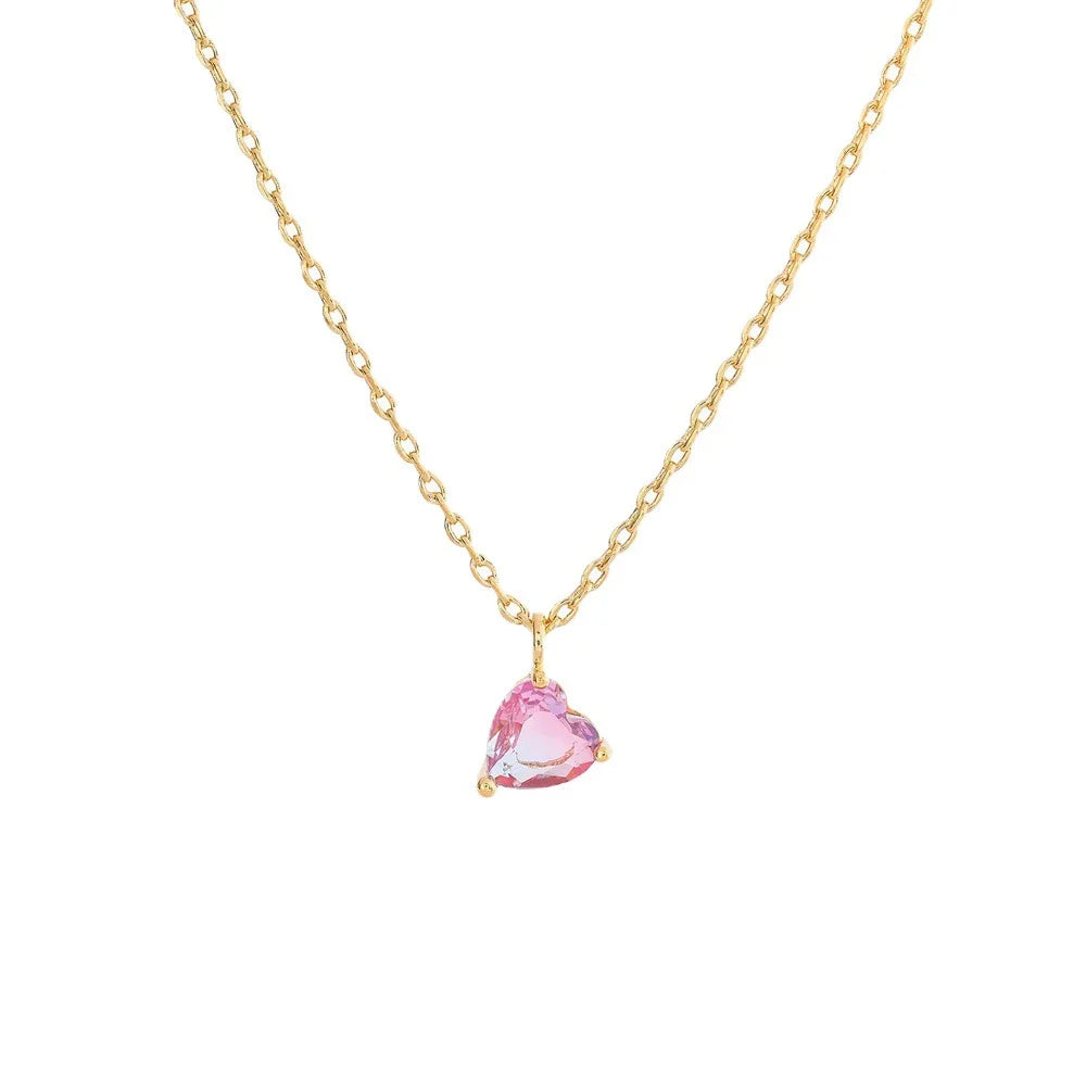 Dainty Girls Fashion Jewelry Brass 18K Gold Plated Pink Zirconia Rhinestone Heart Pendant Diamond Necklace