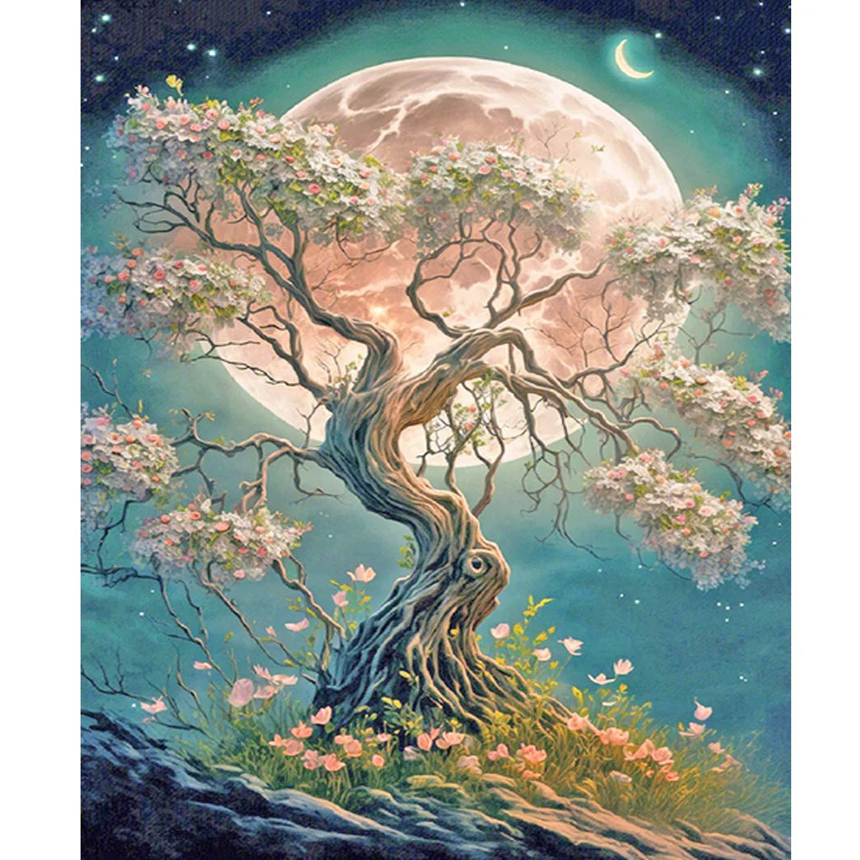 Paint by Numbers Tree and Moon Landscape Diy Acrylic Drawing on Canvas Paint by Numbers Kits Picture for Home Wall Decor