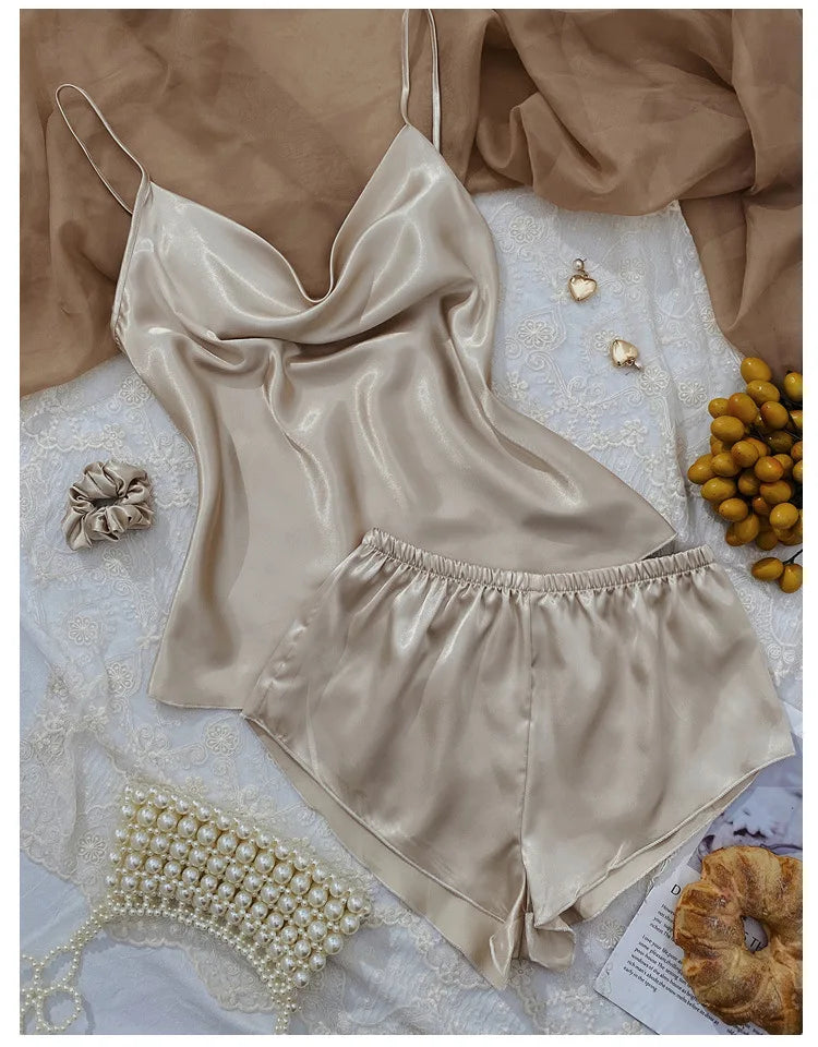 P094 High Quality Sexy Camisole 2Pc Set Women Lingerie Nightgown Silk Pajamas