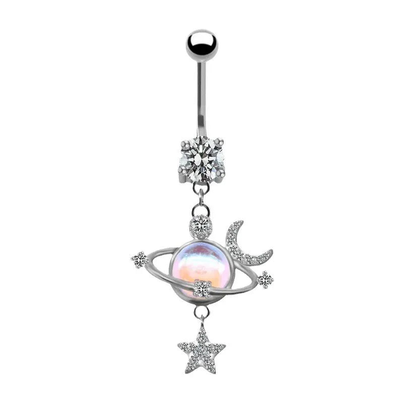 1Pcs Stainless Steel Cute Star Moon Dangled Belly Button Rings Unisex Body Piercing Jewelry Crystal Saturn Planet Silver Plated