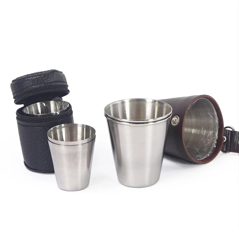 Custom logo Silver Portable Travel Drinking Cups Shot Glass with Black Leather Cheap Stainless Steel Mini Wine Shot Glass Set