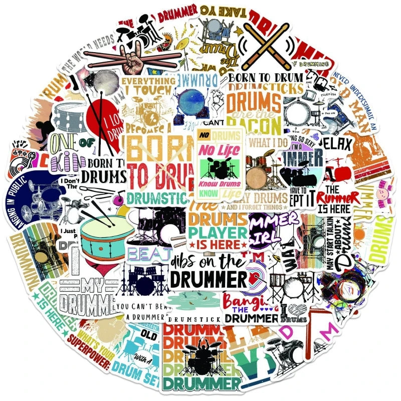Cool Drummer Sticker for Teen Adult 50pcs Music Drum Stickers for Water Bottle Laptop Phone Computer Decorative Decals