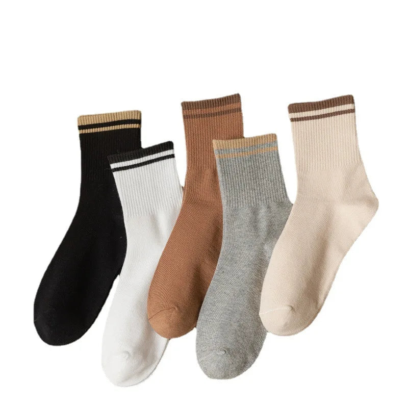 Women's Fall Winter Mid Tube Cotton Socks Breathable Knitted Casual Anti-Slip Ankle Length Striped Sports Free Size Solid Color