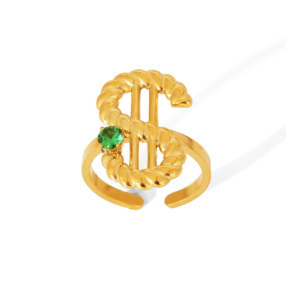 Customized Vintage Inlaid Bezel Set Green Zircon 18K Gold Plated Stainless Steel Dollar Sign Women's Retro Adjustable Ring
