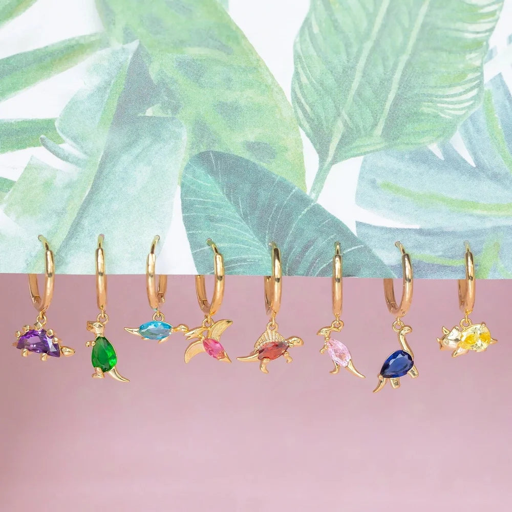 INS Hot Selling New Fashion Design Little Dinosaur Colorful Zircon Hoop Earring for Women Kids Small Cute Earrings Jewelry