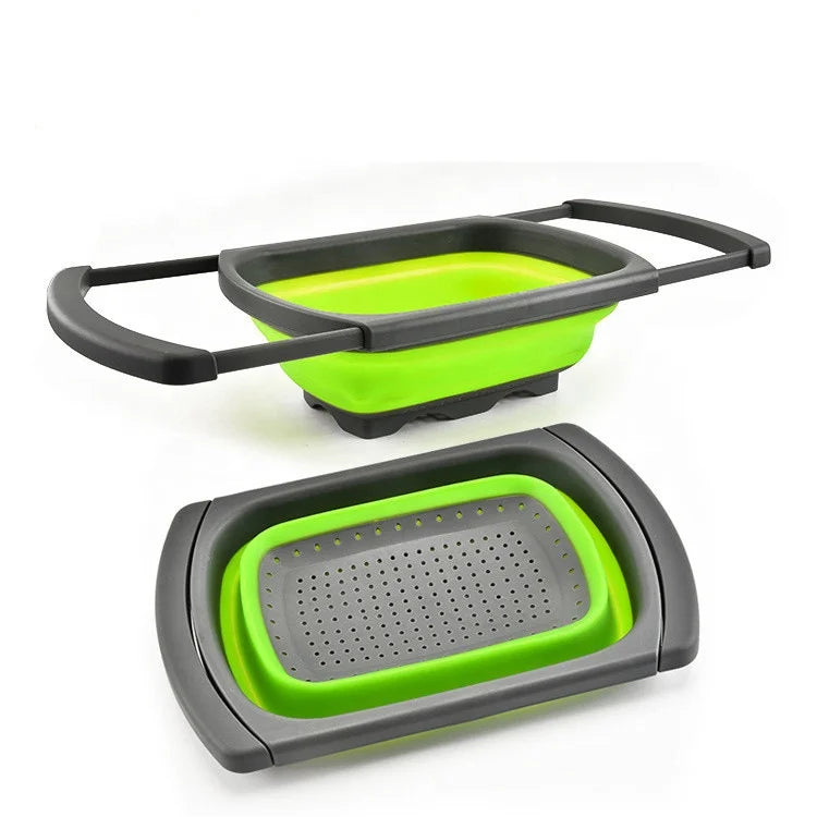 Rectangle Collapsible Plastic Colander Basket with Extendable Handles Over-the-Sink Strainer for Kitchen Use