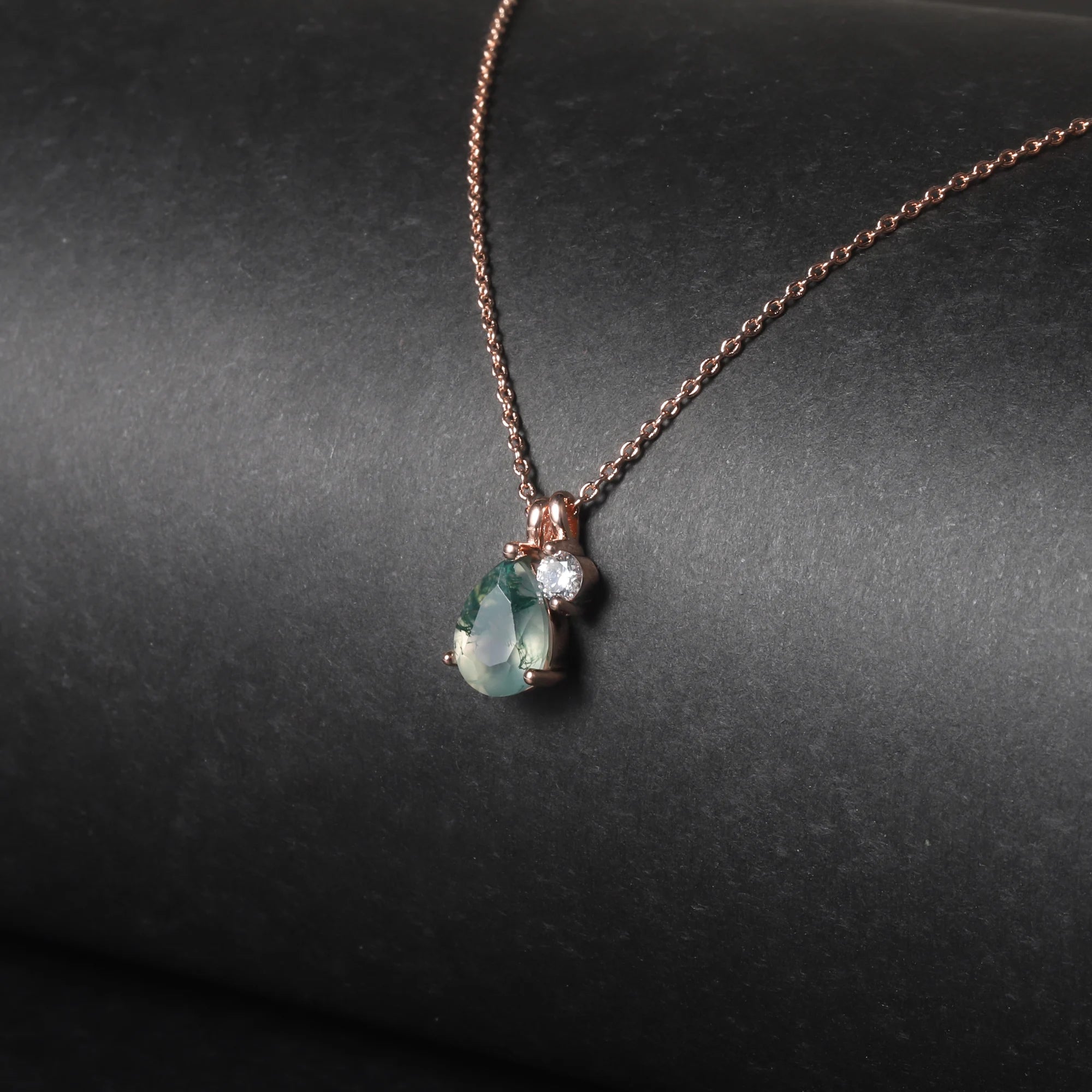 OL0128 Abiding Fine Simple Jewelry Wholesale 6x8mm Pear Gemstone Rose Gold Plated Pure Silver Moss Agate Necklace