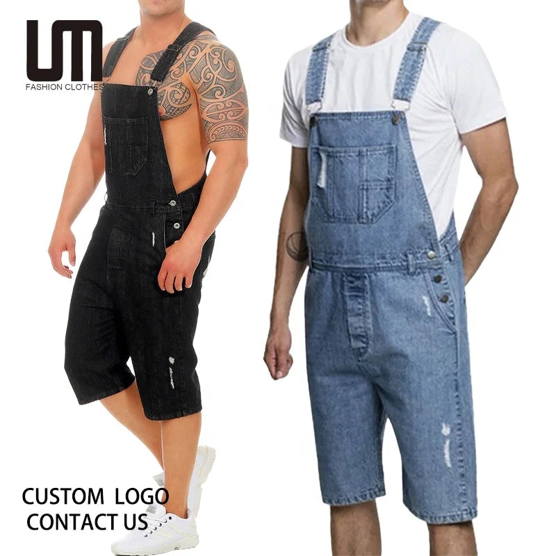 2025 New Fashion Men's Sleeveless Ripped Denim Overalls Shorts Casual Summer Jumpsuit Streetwear Breathable Daily Wear