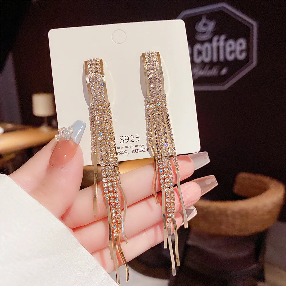 New Luxury Full Diamond Tassel Long Earrings Hypoallergenic Silver Pins Drop Earrings for Women