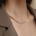 New Herringbone Chain square Zircon Titanium Stainless Steel Cuban Chain Gold Plated Clavicle Necklace for Women
