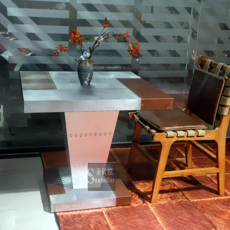 Hot Selling Handmade Industrial Vintage Genuine Leather Top Aluminum Coffee Table Home Square Dining Table