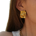 Chic Hypoallergenic Statement Earring Hammered Texture Stud Earring Gold Plated Stainless Steel Jewelry Large Drop Earrings