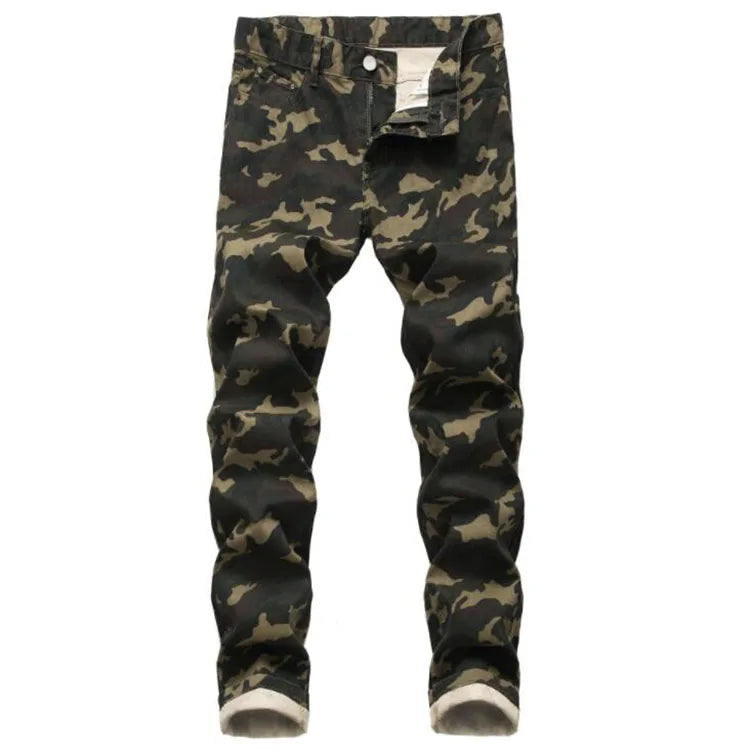 Wholesale Men Slim Straight Mid Waist Medium Wash Stretch Green Printed Casual Streetwear Geometric Pattern Breathable
