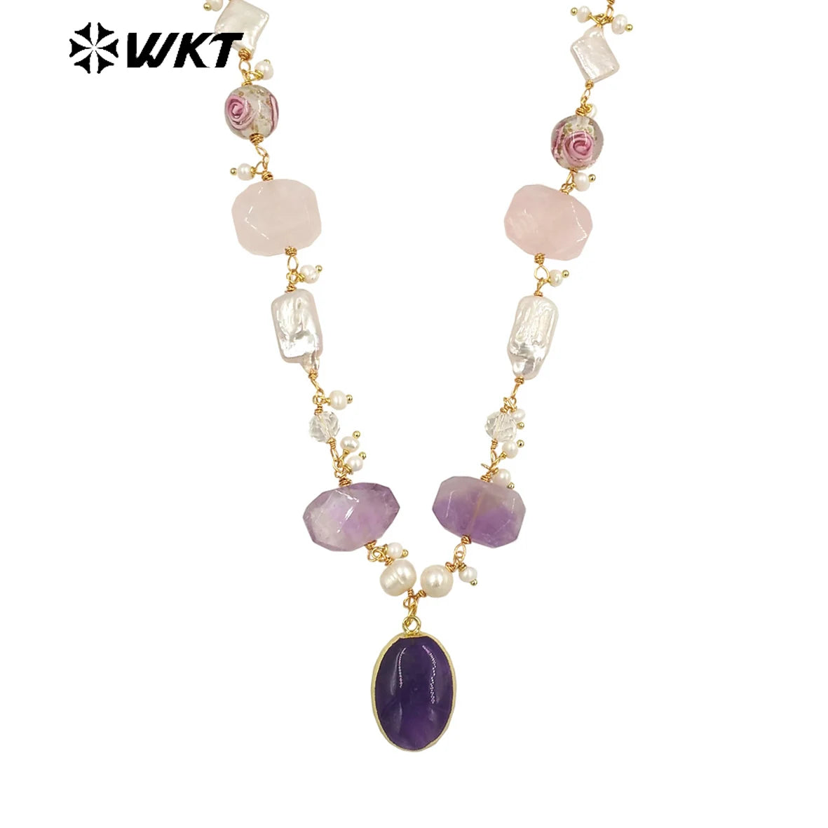 WT-JN240 Wholesale Newest Stone and Pearl Design 18k Chain Gold Plated Exquisite High Quality Scallop Necklace