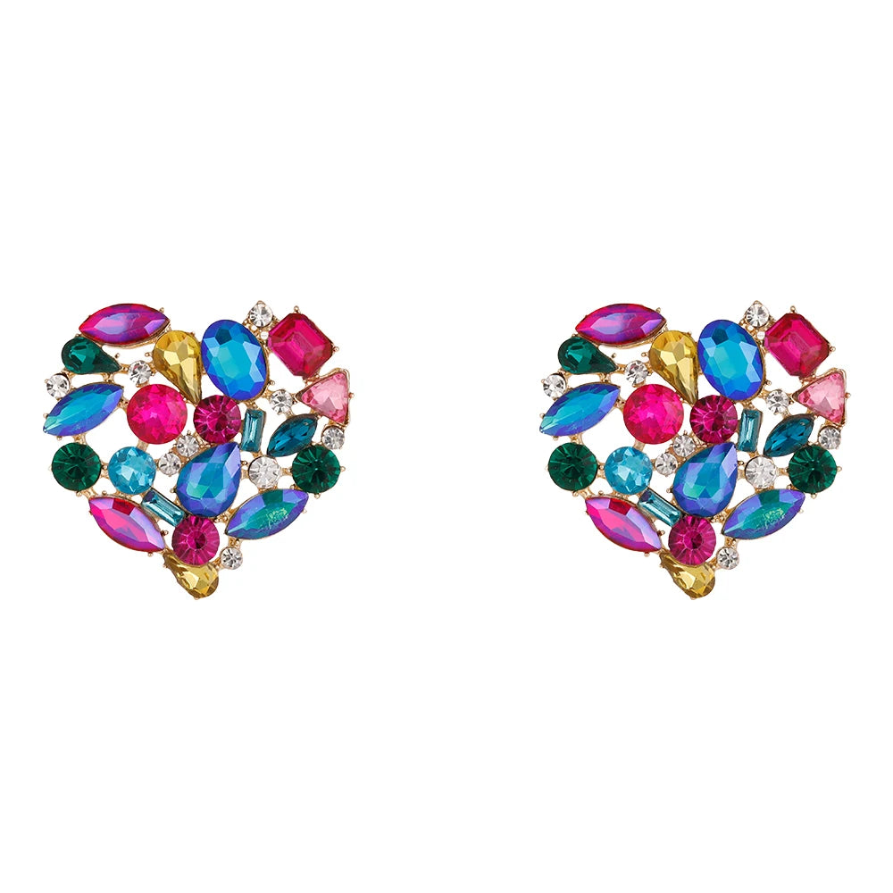 New Arrived Colored Crystal Big Heart Stud Earrings Statement Love Heart Rhinestone Earrings Women Jewelry
