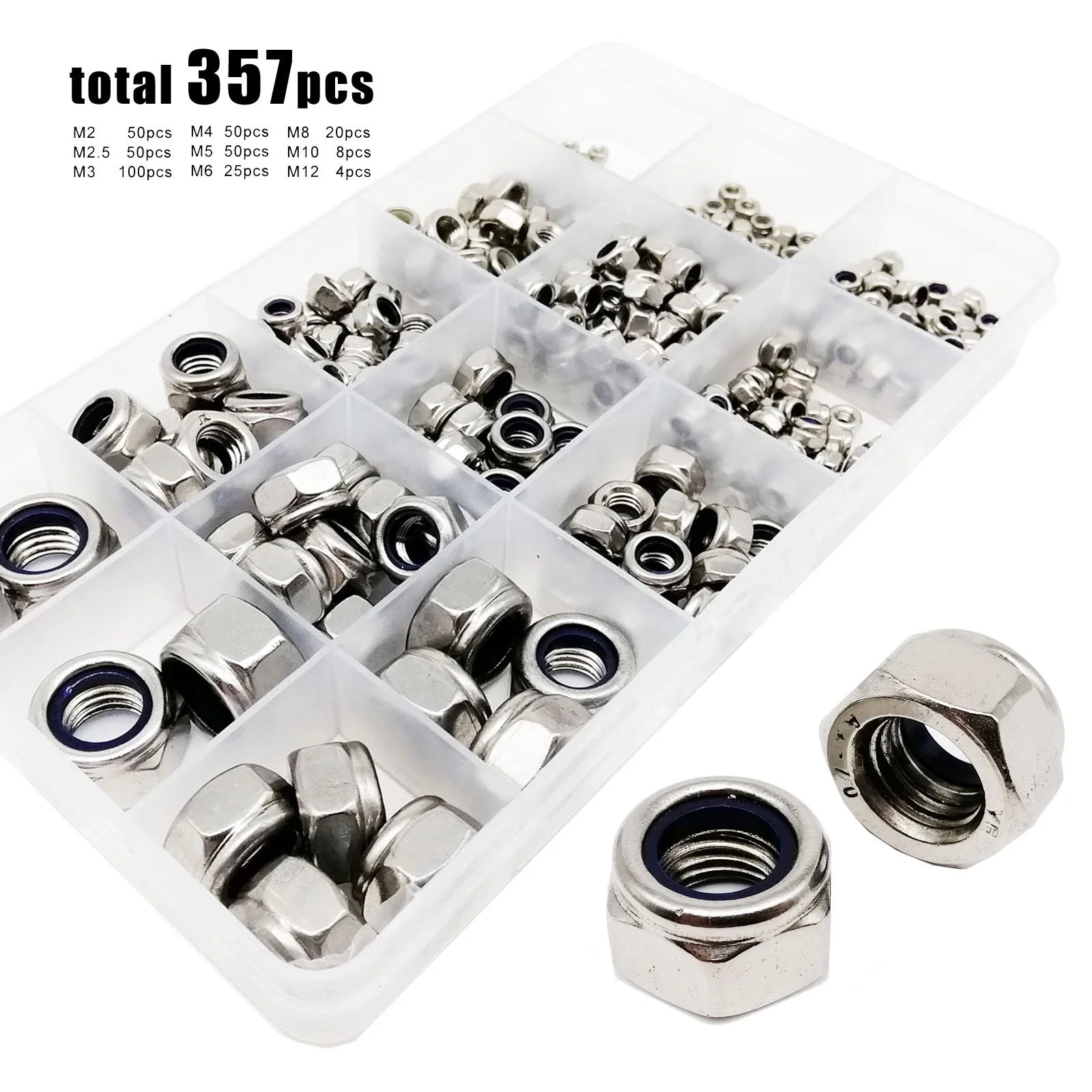 357pcs/box M2 to M12 Set Assortment Kit DIN985 304 A2 Stainless Steel Hexagon Nylock Lock Nut Hex Nylon Insert Self Locking Nut